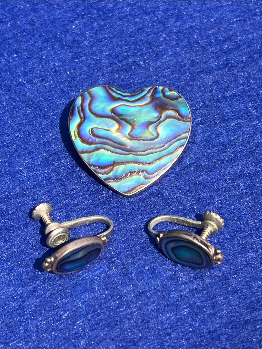 Vintage Sterling Silver Abalone Marble Swirl Screw Back Earrings and Brooch Set